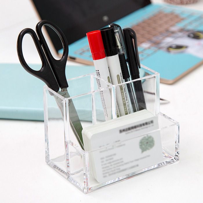 Makeup Brushes Organizer-Acrylic Cosmetic Clear Pen Holder for Office Desktop Bathroom Dresser Storage Box, 3 Slots