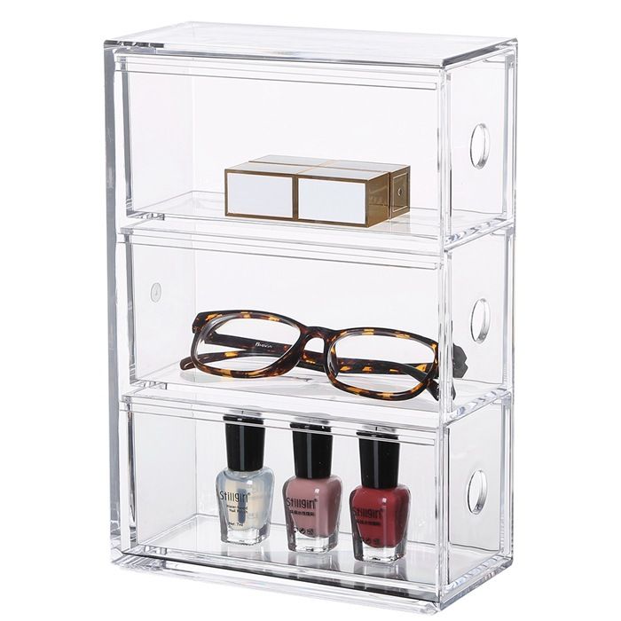 Desk Organizer Storage Station for Storing Sunglasses, Pens, Erasers, Tape, Push Pins, Pencils, Markers - Compact, Space Saving - Use Vertically or Horizontally - 3 Drawers - Clear
