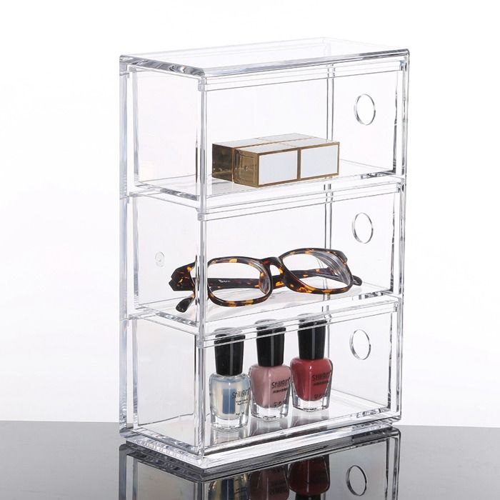 Desk Organizer Storage Station for Storing Sunglasses, Pens, Erasers, Tape, Push Pins, Pencils, Markers - Compact, Space Saving - Use Vertically or Horizontally - 3 Drawers - Clear