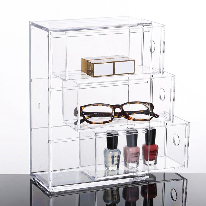 Desk Organizer Storage Station for Storing Sunglasses, Pens, Erasers, Tape, Push Pins, Pencils, Markers - Compact, Space Saving - Use Vertically or Horizontally - 3 Drawers - Clear