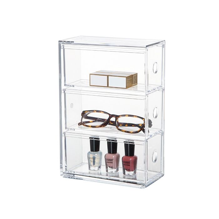 Desk Organizer Storage Station for Storing Sunglasses, Pens, Erasers, Tape, Push Pins, Pencils, Markers - Compact, Space Saving - Use Vertically or Horizontally - 3 Drawers - Clear